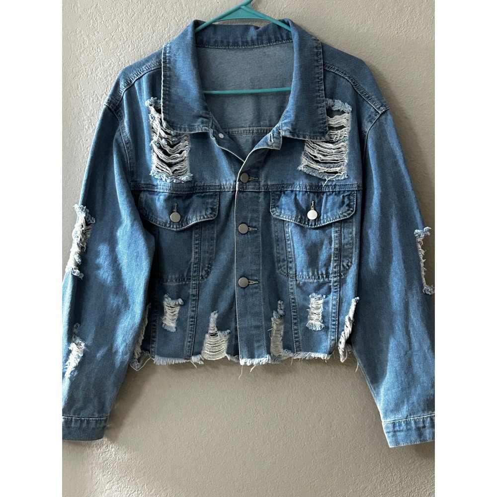 SHEIN Curve Distressed Denim Jacket 1XL Blue Cropped Ripped Raw Hem Trucker
